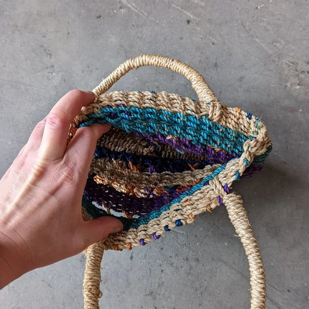Vintage Colorful Stripe Woven Wicker Straw Mini Tote Raffia Bag